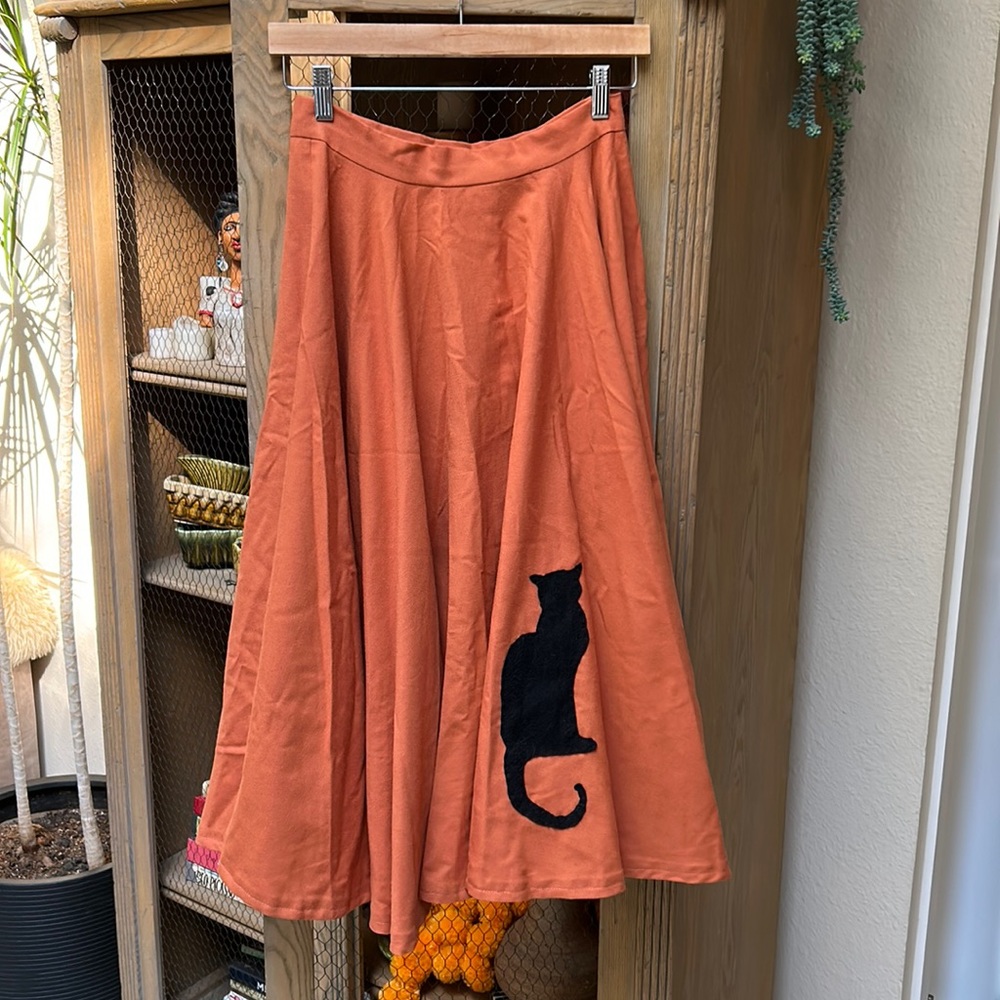 Vintage Handmade Orange Full Circle Skirt with Felt Cat
